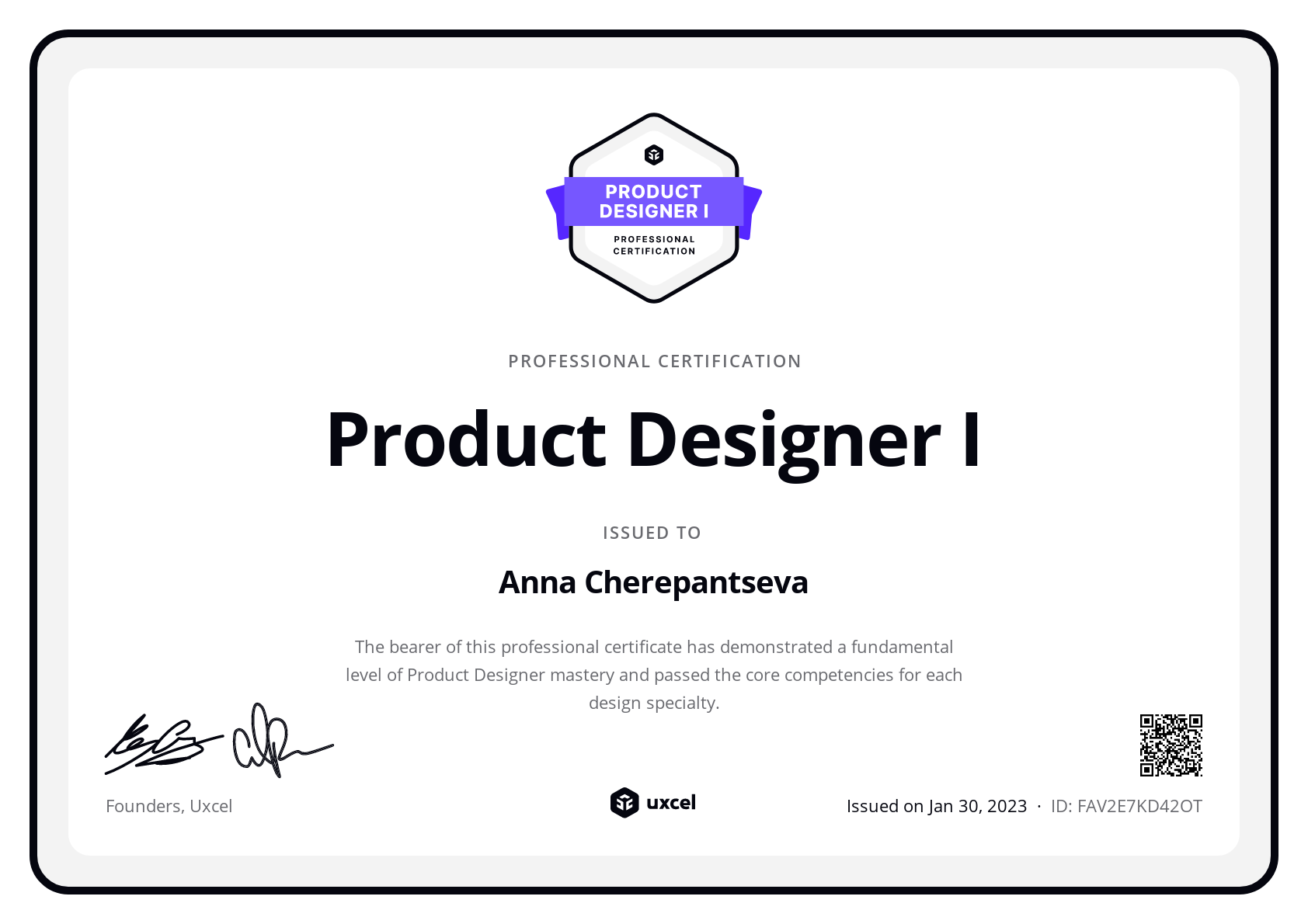 Anna Cherepantseva's certificate